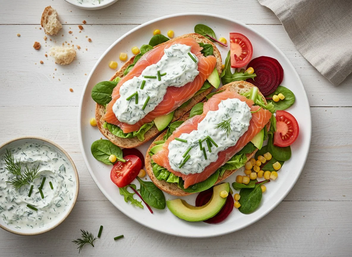 Lachsbrötchen mit Salat und Dip photo