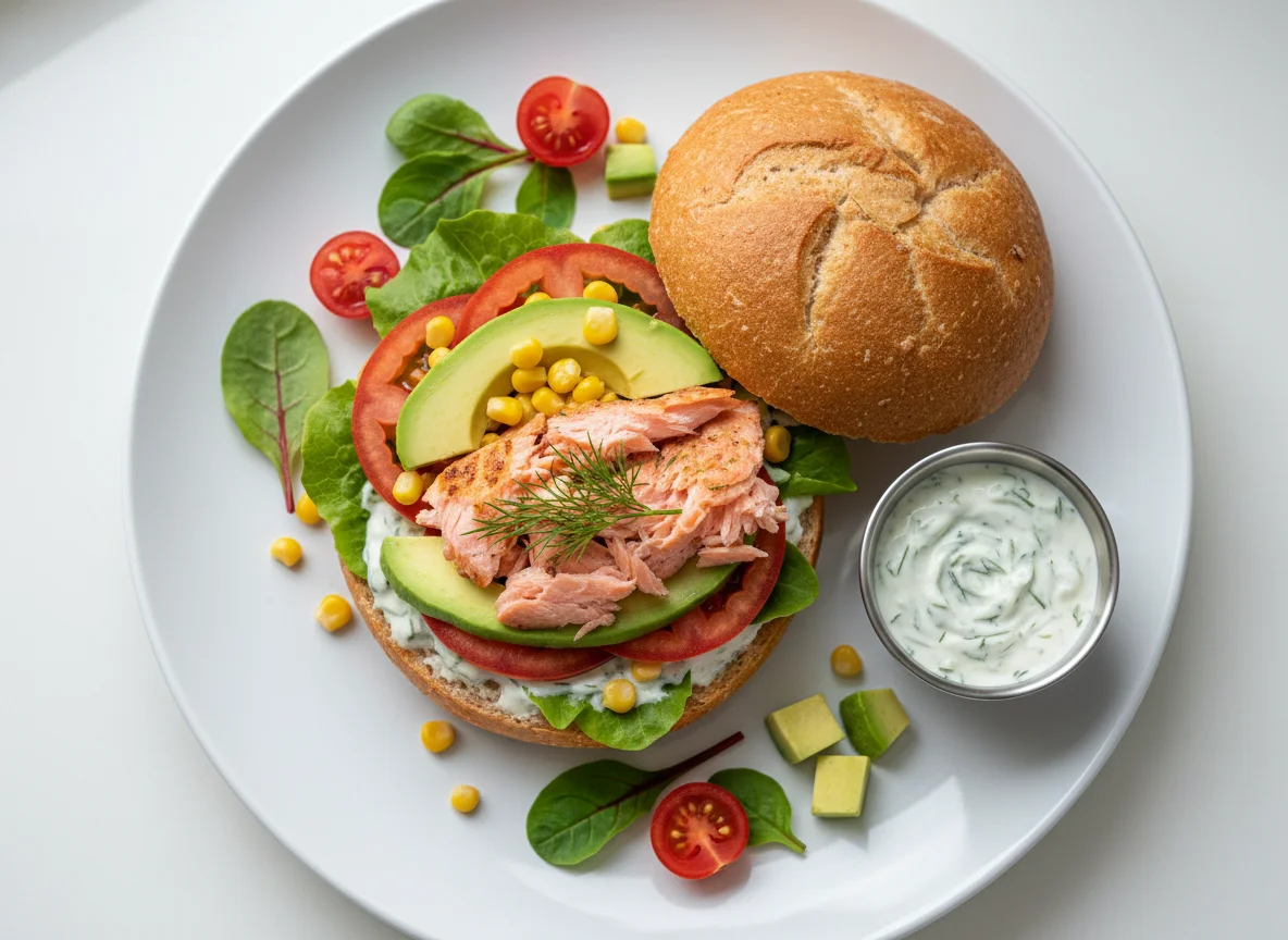 Lachsbrötchen mit Salat und Soße photo