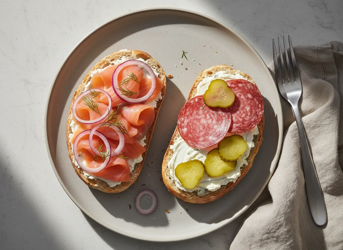 Lachsbrötchen und belegtes Brötchen mit Gurken photo
