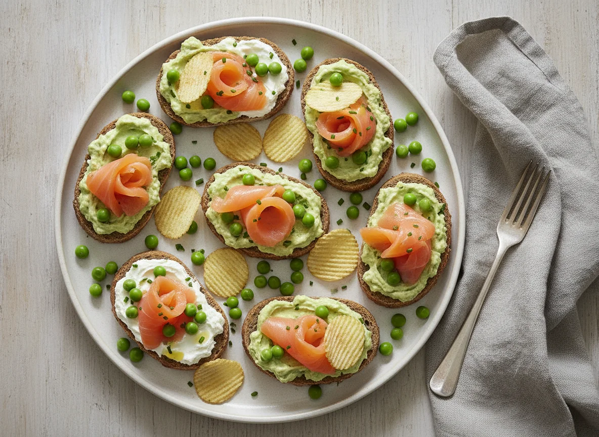 Lachs-Canapés mit Chips und Erbsen photo