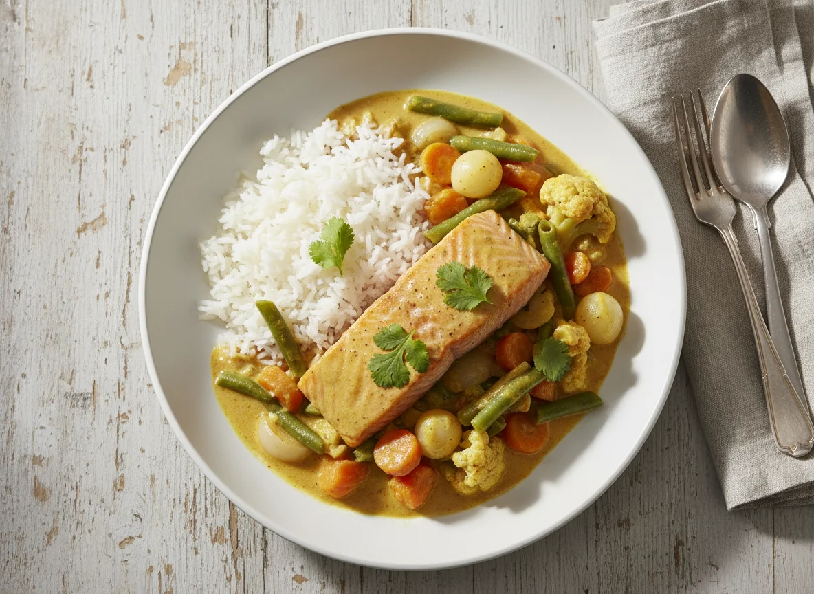 Lachs-Curry mit Reis und Gemüse photo