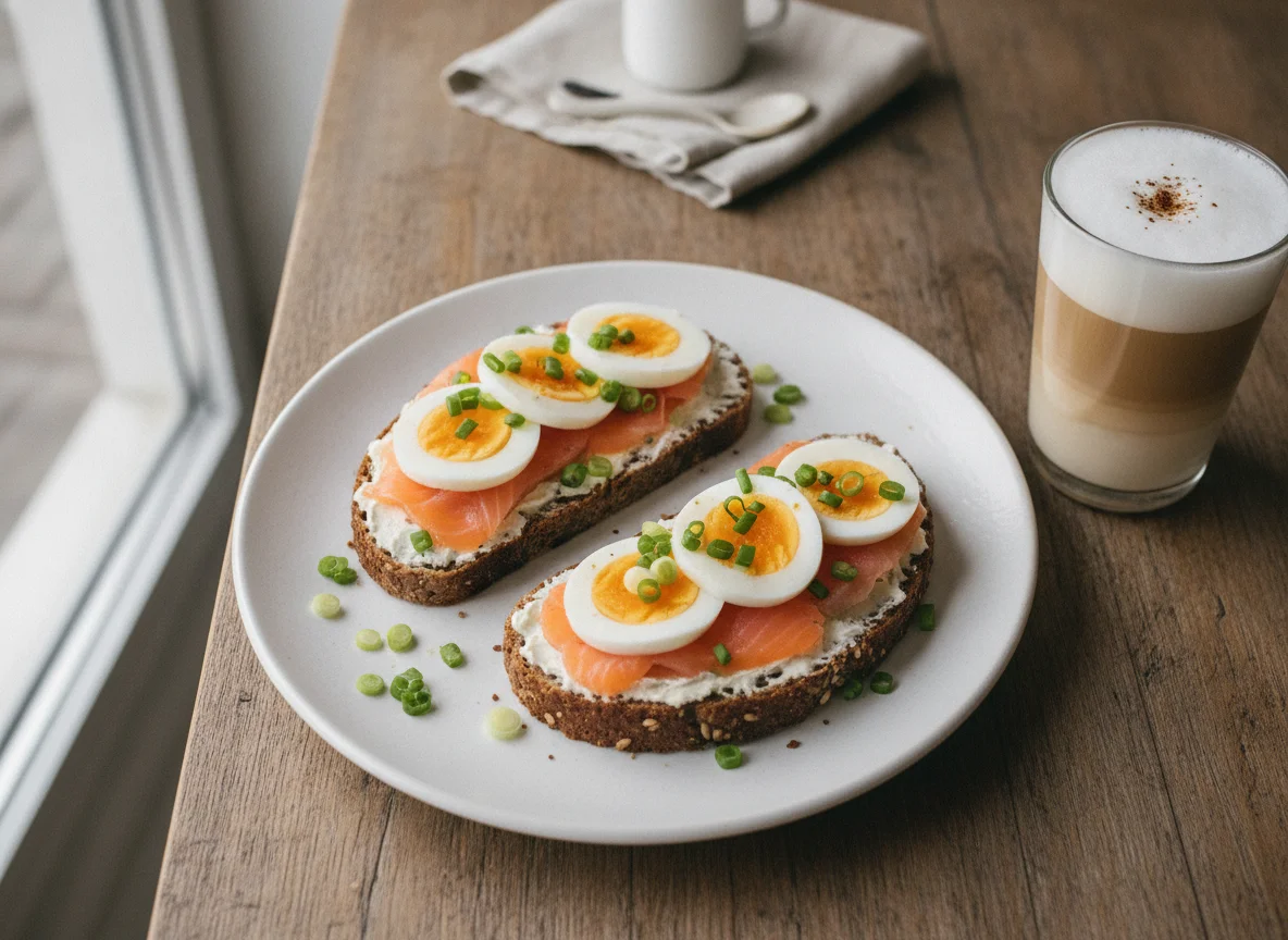 Lachs-Ei-Brot mit Latte Macchiato photo