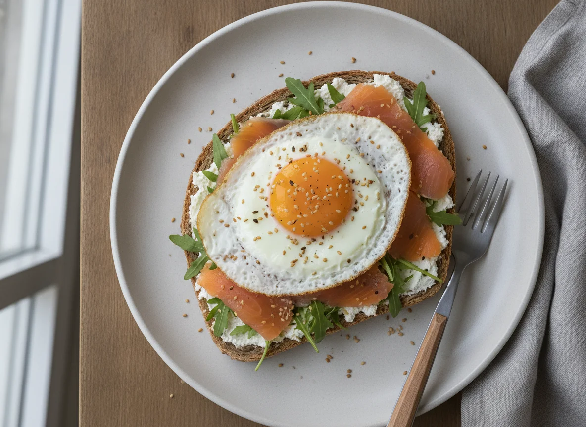 Lachs-Ei-Brot mit Rucola photo