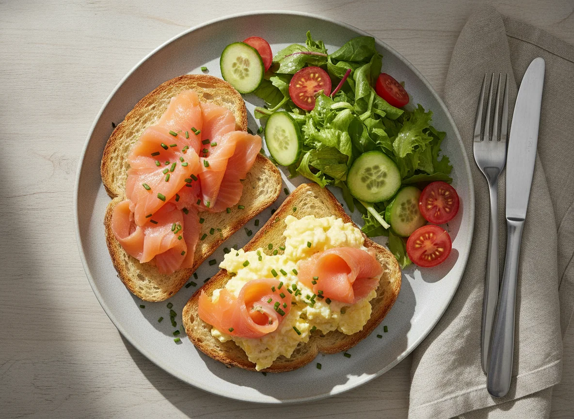 Lachs-Ei-Brot mit Salat photo