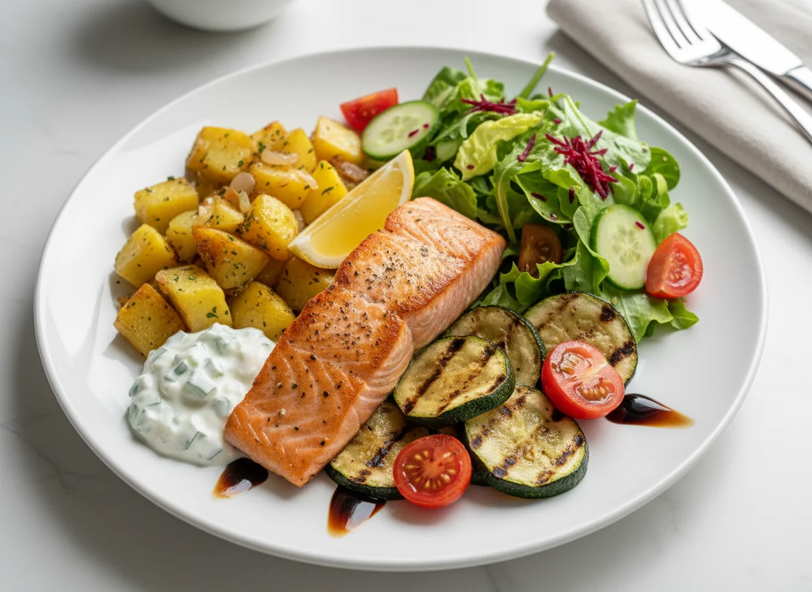 Lachsfilet mit Bratkartoffeln, gegrilltem Gemüse und Salat photo