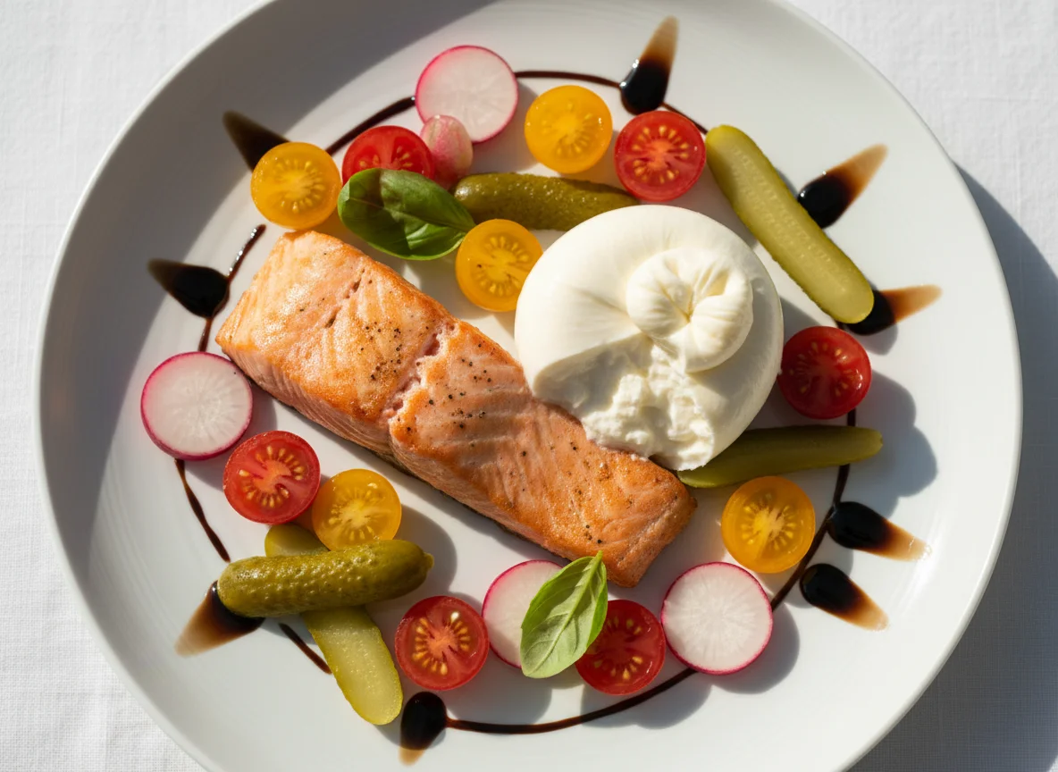 Lachsfilet mit Burrata, Kirschtomaten, Radieschen und Essiggurken photo