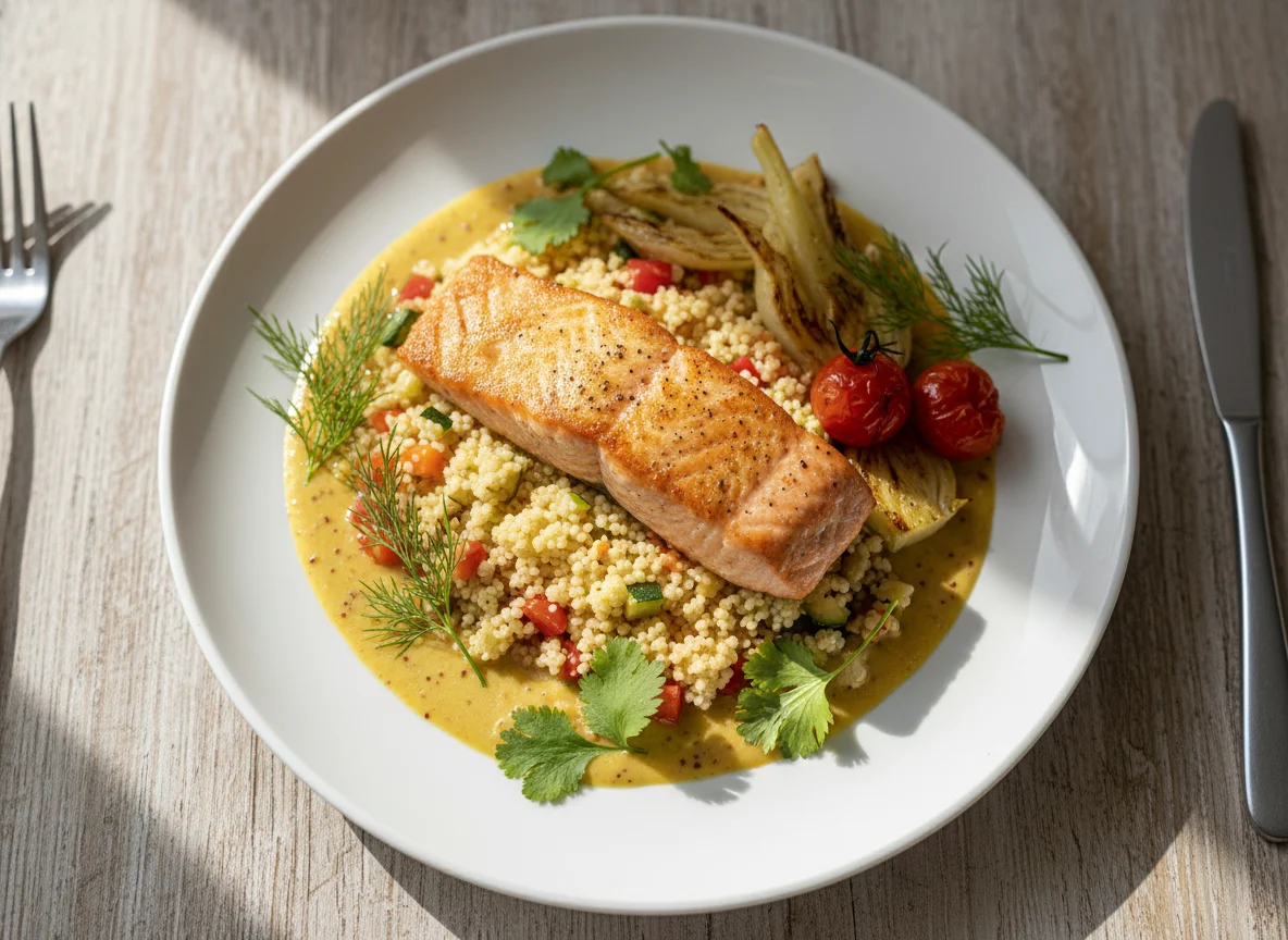 Lachsfilet mit Couscous und Senfsauce photo