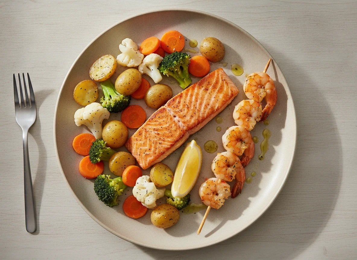 Lachsfilet mit Garnelenspieß und Gemüse photo