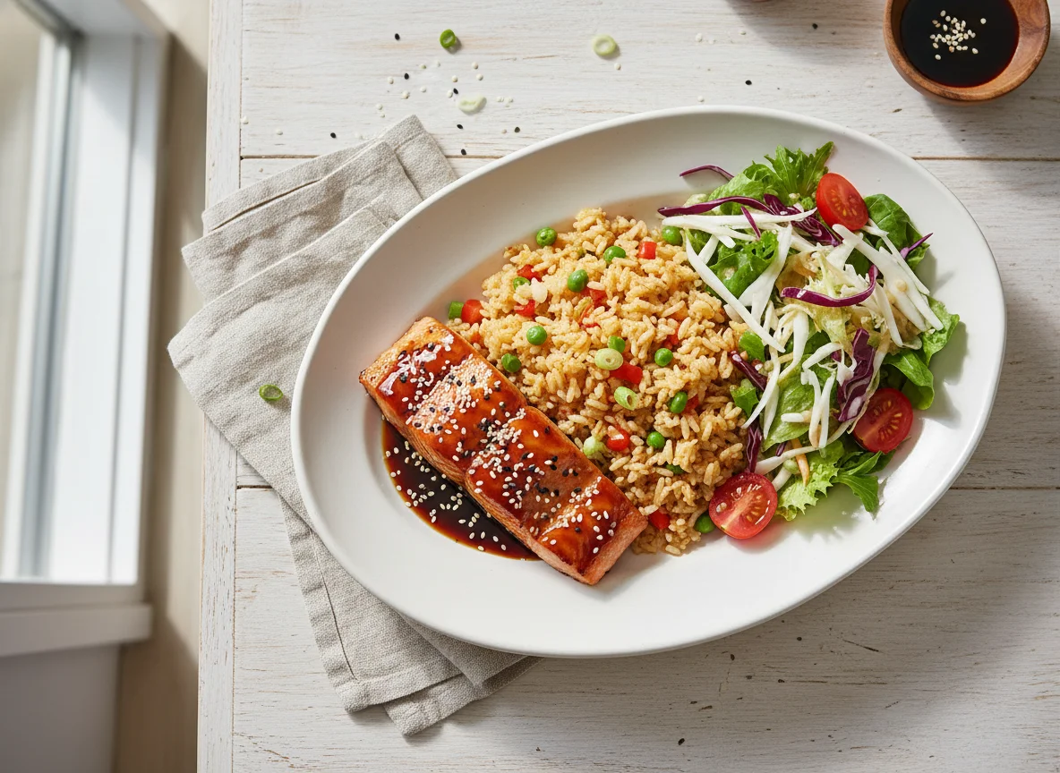 Lachsfilet mit gebratenem Reis und Salat photo