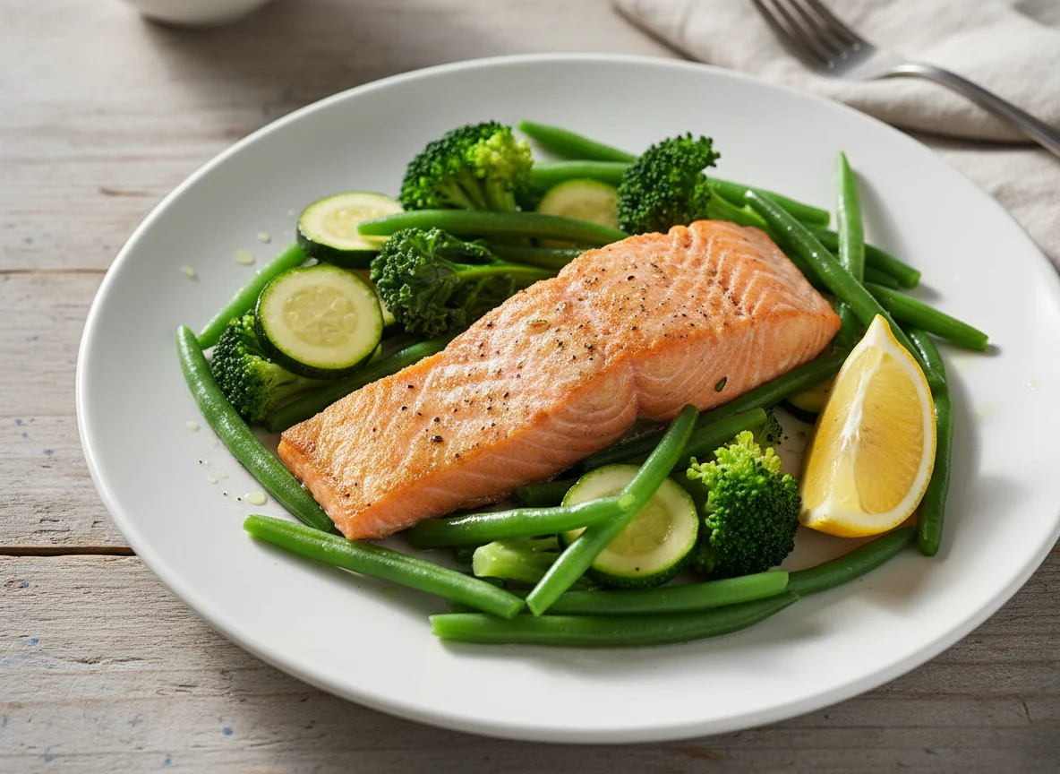 Lachsfilet mit gedünstetem Gemüse photo