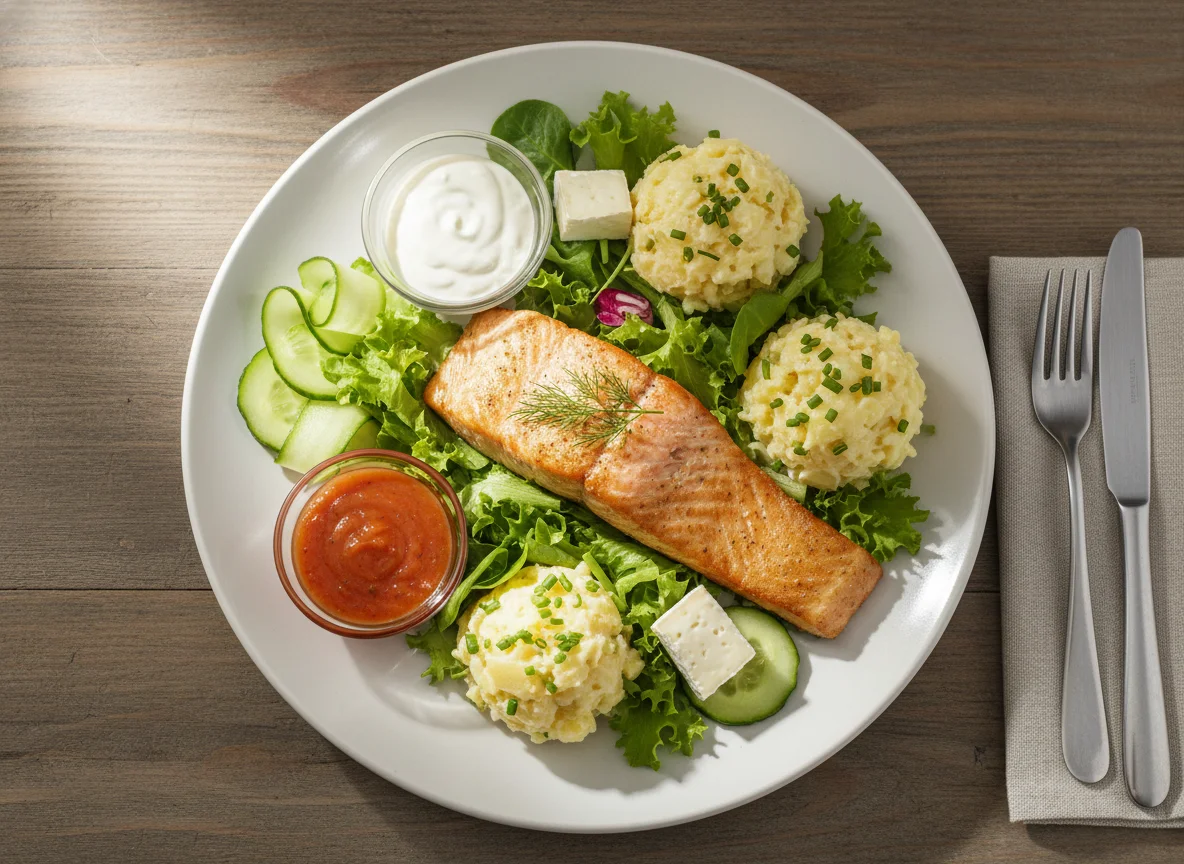 Lachsfilet mit gemischtem Salat und Käse photo