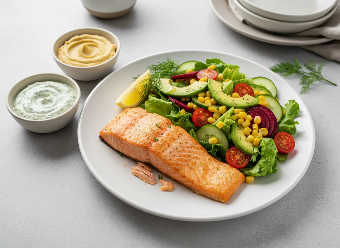 Lachsfilet mit gemischtem Salat und Saucen photo