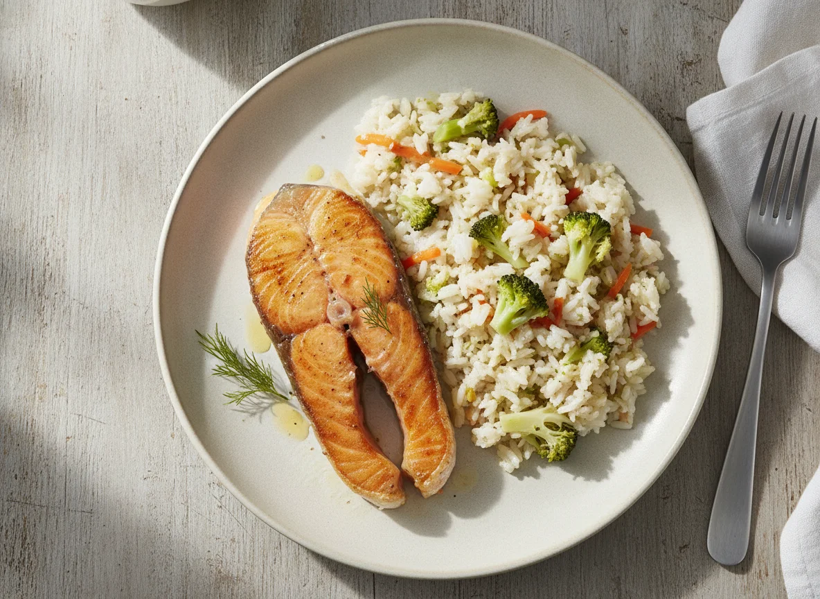 Lachsfilet mit Gemüsereis photo