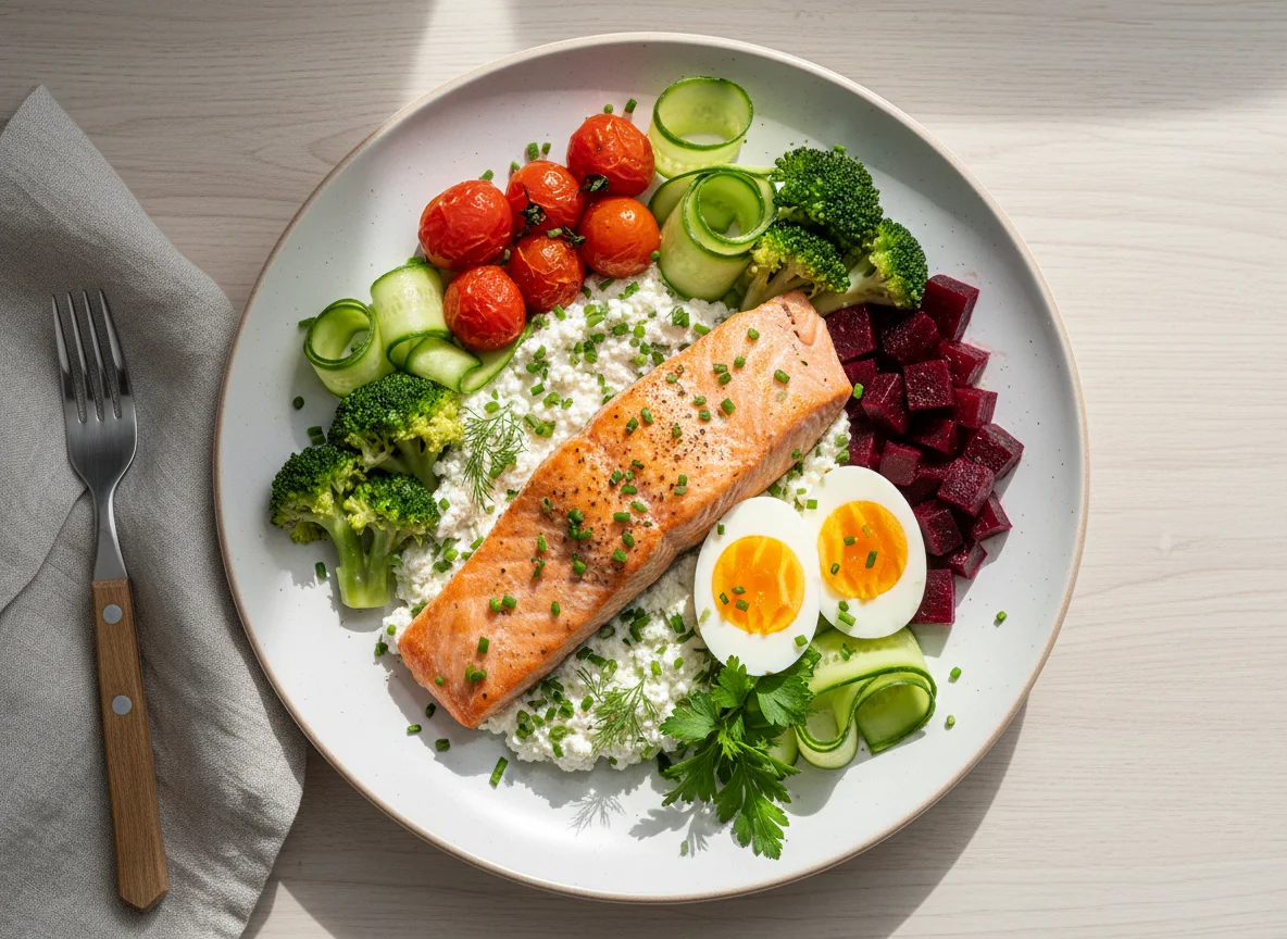 Lachsfilet mit Hüttenkäse, Gemüse und Ei photo