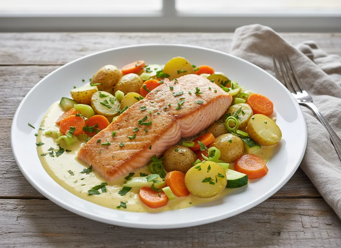 Lachsfilet mit Kartoffeln und Gemüse in Rahmsauce photo