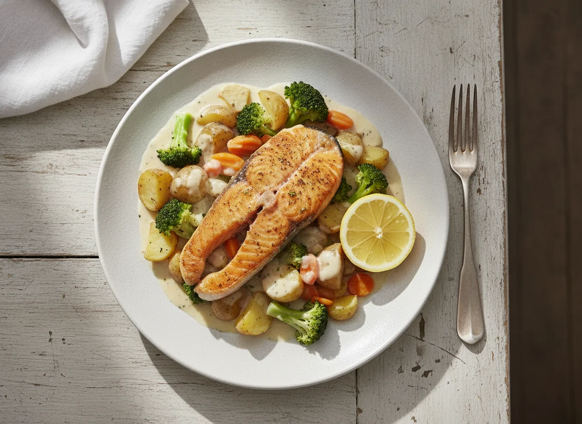 Lachsfilet mit Kartoffeln und Gemüse in Sahnesauce photo