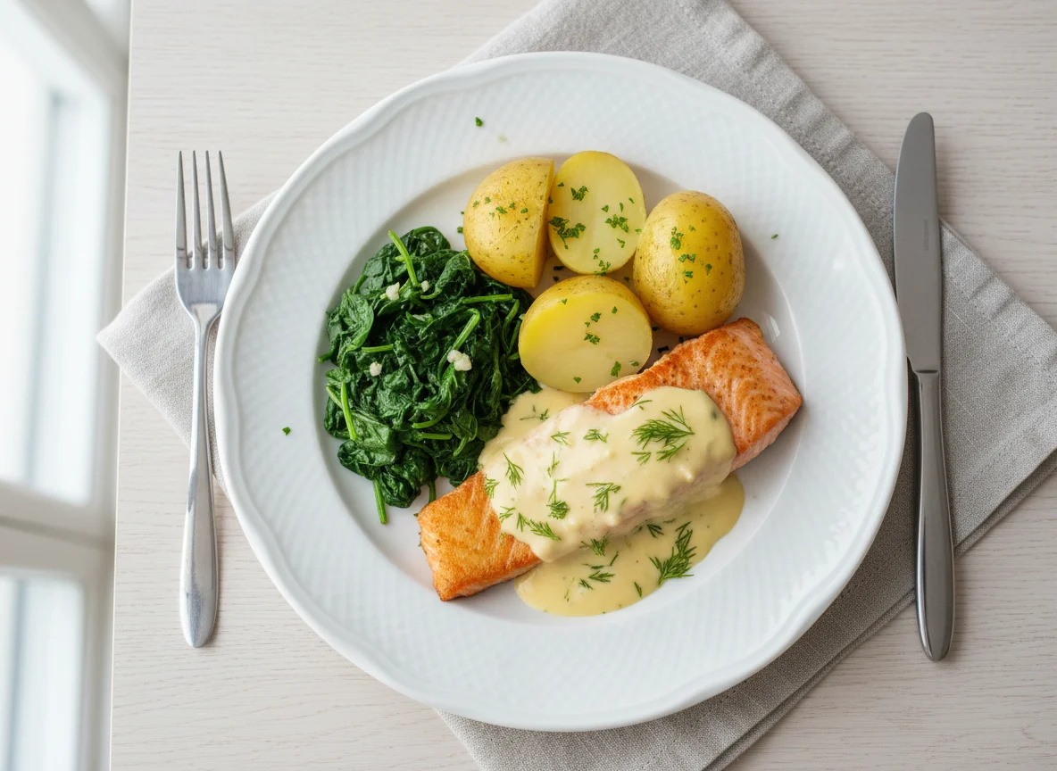 Lachsfilet mit Kartoffeln und Spinat photo