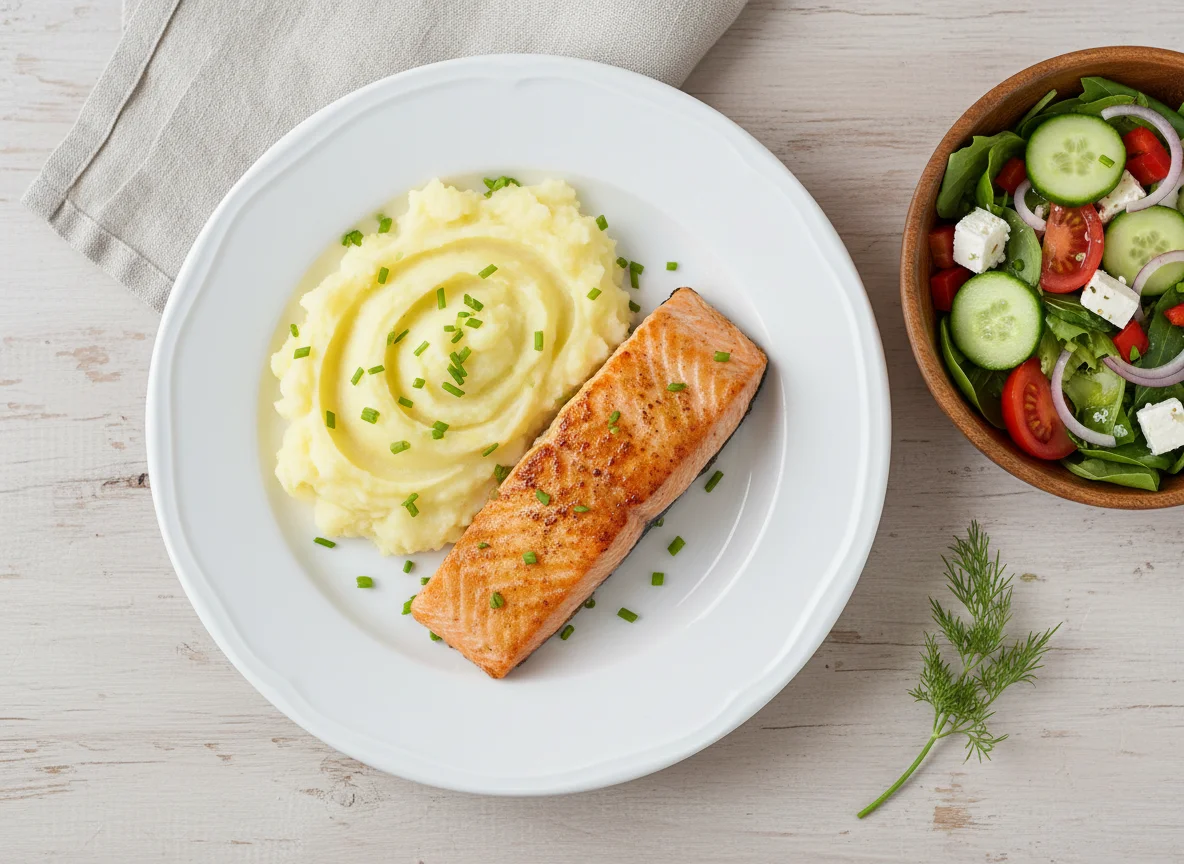 Lachsfilet mit Kartoffelpüree und Salat photo
