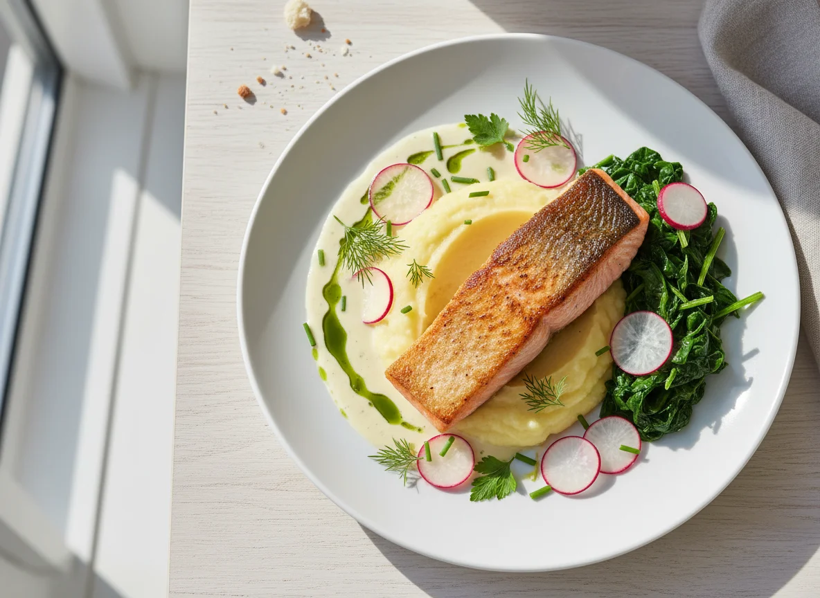 Lachsfilet mit Kartoffelpüree und Spinat photo
