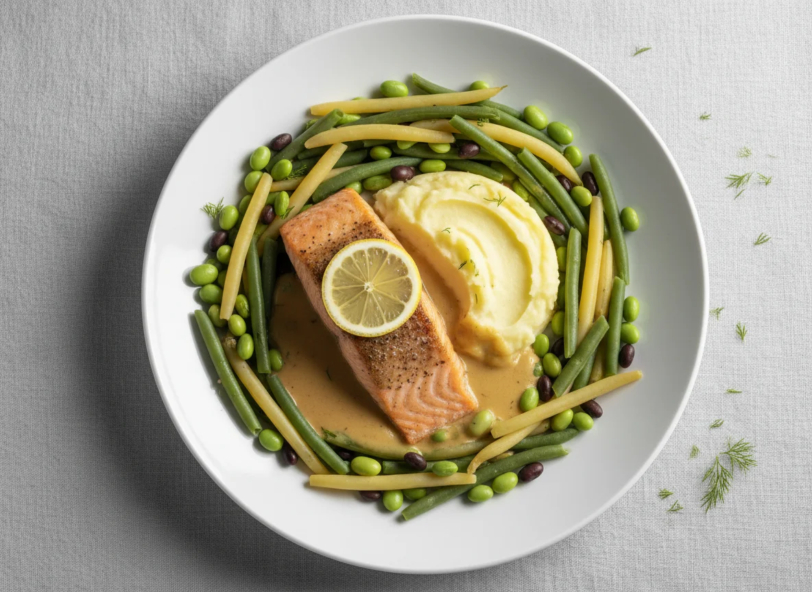 Lachsfilet mit Kartoffelstock und Bohnengemüse photo