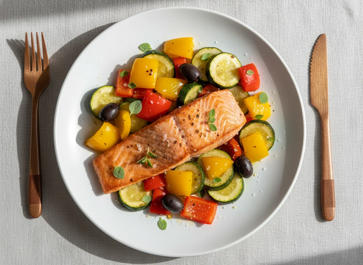 Lachsfilet mit mediterranem Gemüse photo