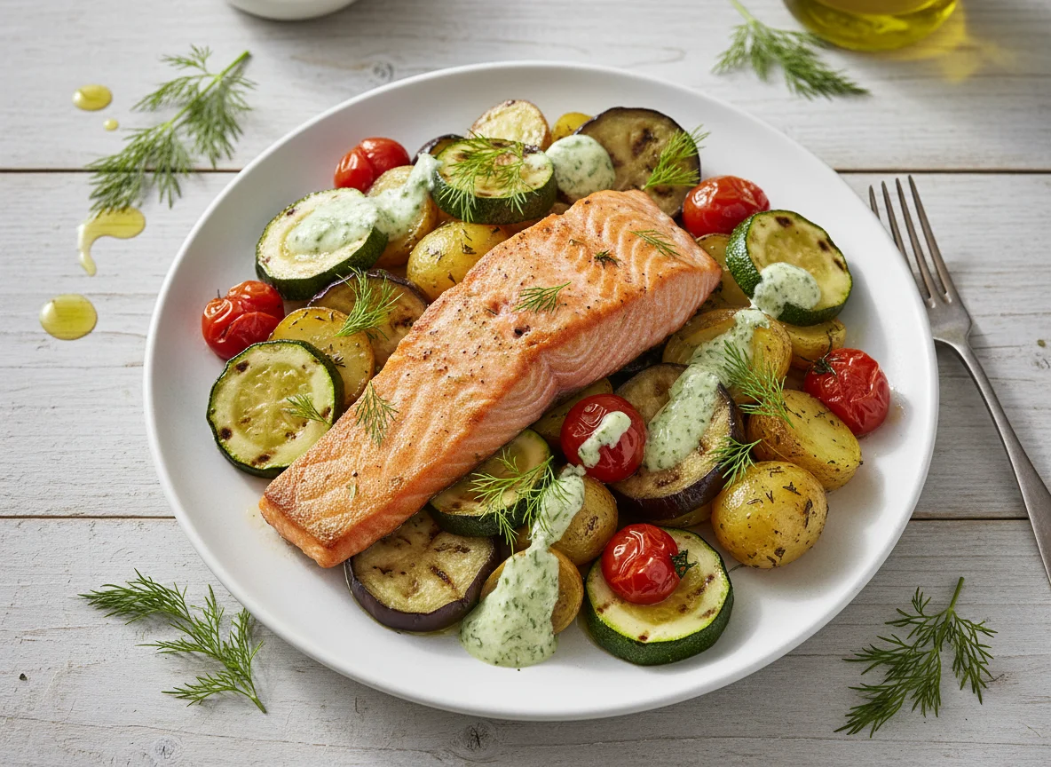 Lachsfilet mit mediterranem Gemüse und Dill photo