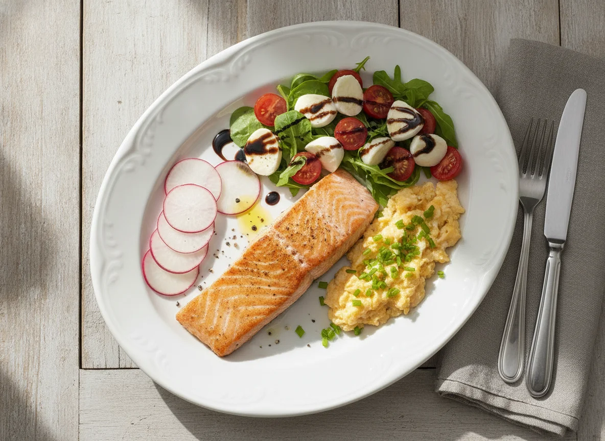 Lachsfilet mit Mozzarella-Tomaten-Salat, Rettich und Rührei photo