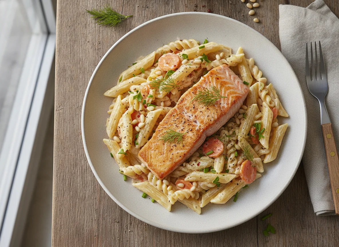Lachsfilet mit Nudeln, Karotten und Pinienkernen photo