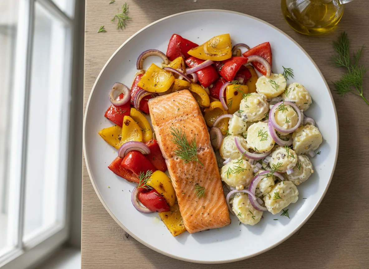 Lachsfilet mit Ofengemüse und Kartoffelsalat photo