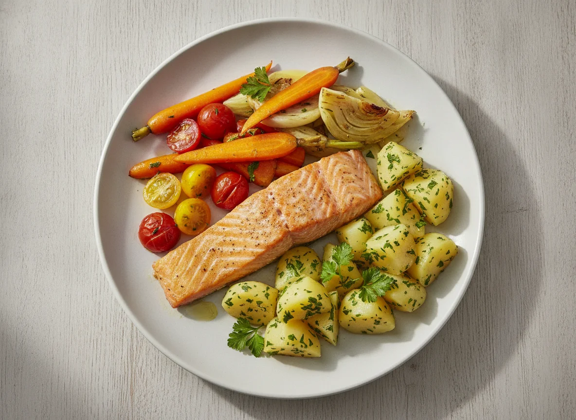 Lachsfilet mit Petersilkartoffeln und Gemüse photo