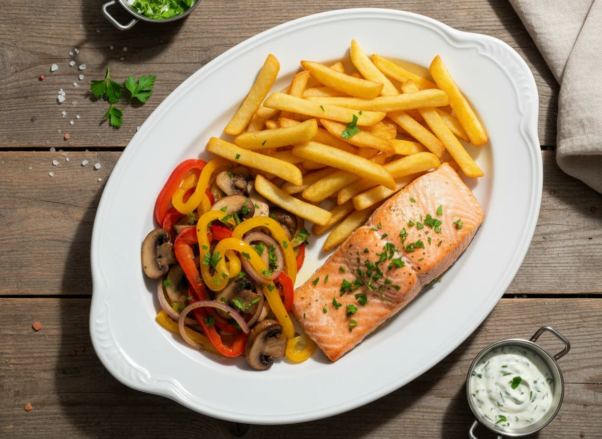 Lachsfilet mit Pommes und Gemüse photo
