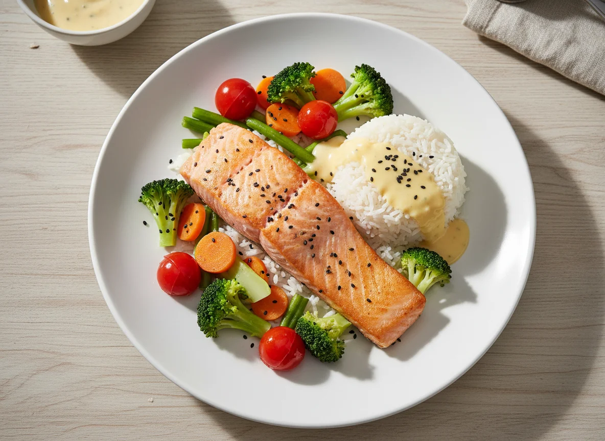 Lachsfilet mit Reis und Gemüse photo