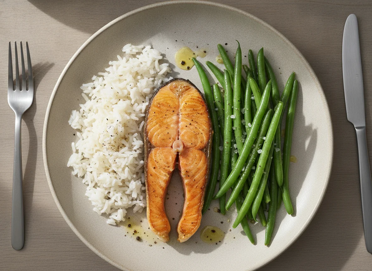 Lachsfilet mit Reis und grünen Bohnen photo
