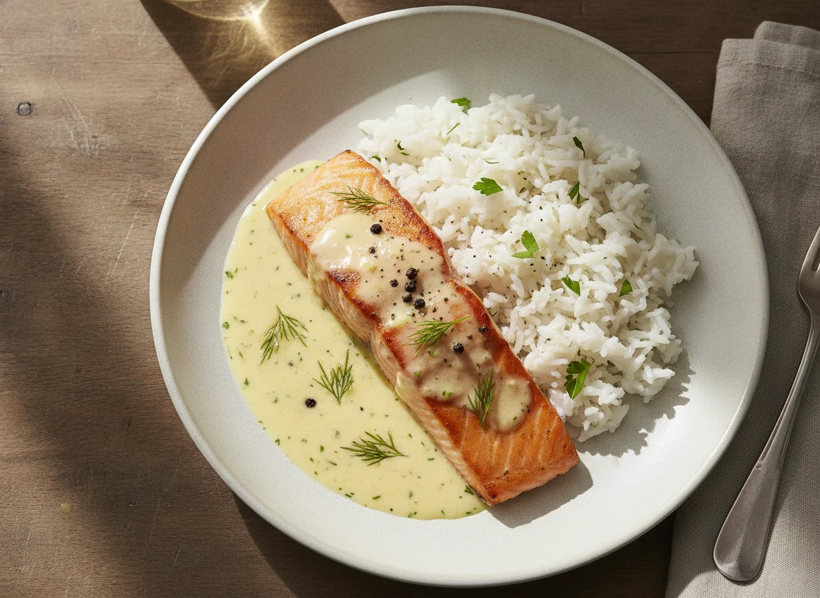 Lachsfilet mit Reis und Sahnesauce photo