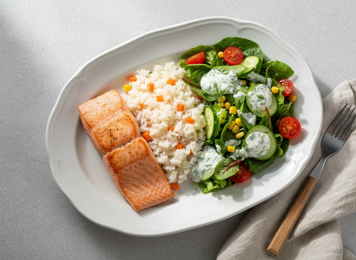 Lachsfilet mit Reis und Salat photo