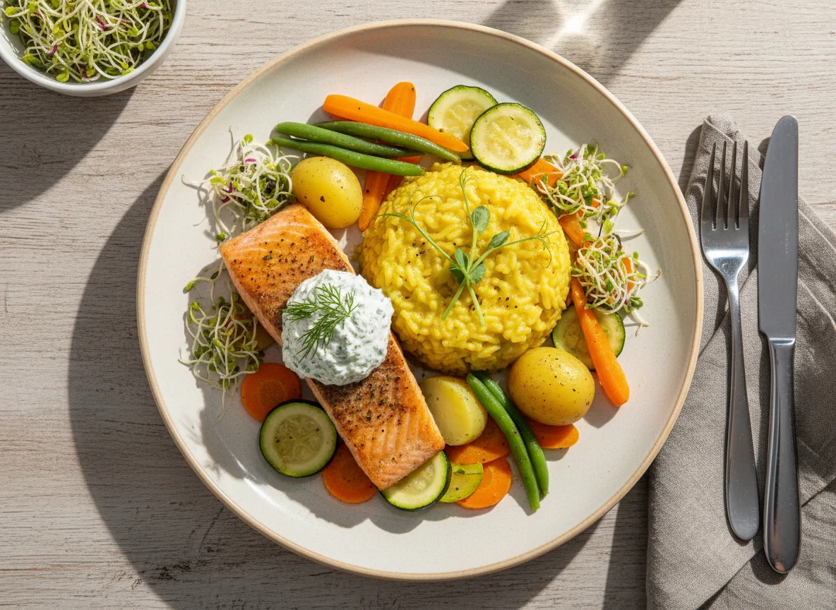 Lachsfilet mit Risotto und Gemüse photo