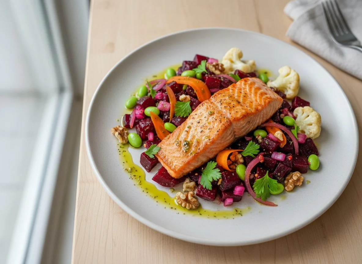 Lachsfilet mit Rote Bete Salat und Blumenkohl photo