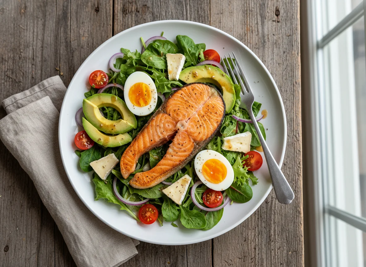 Lachsfilet mit Salat, Ei, Avocado und Käse photo