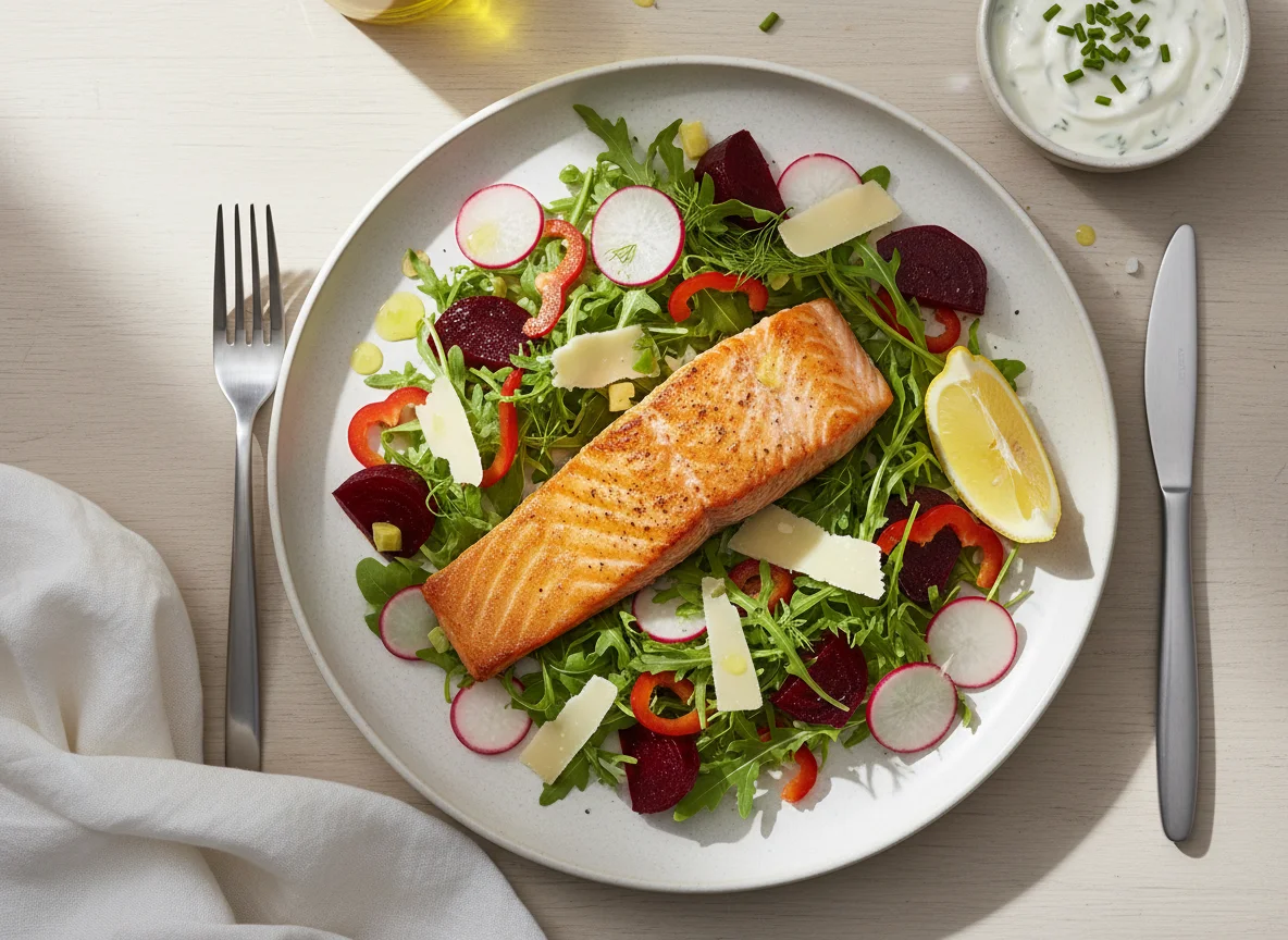 Lachsfilet mit Salat und Gemüse photo