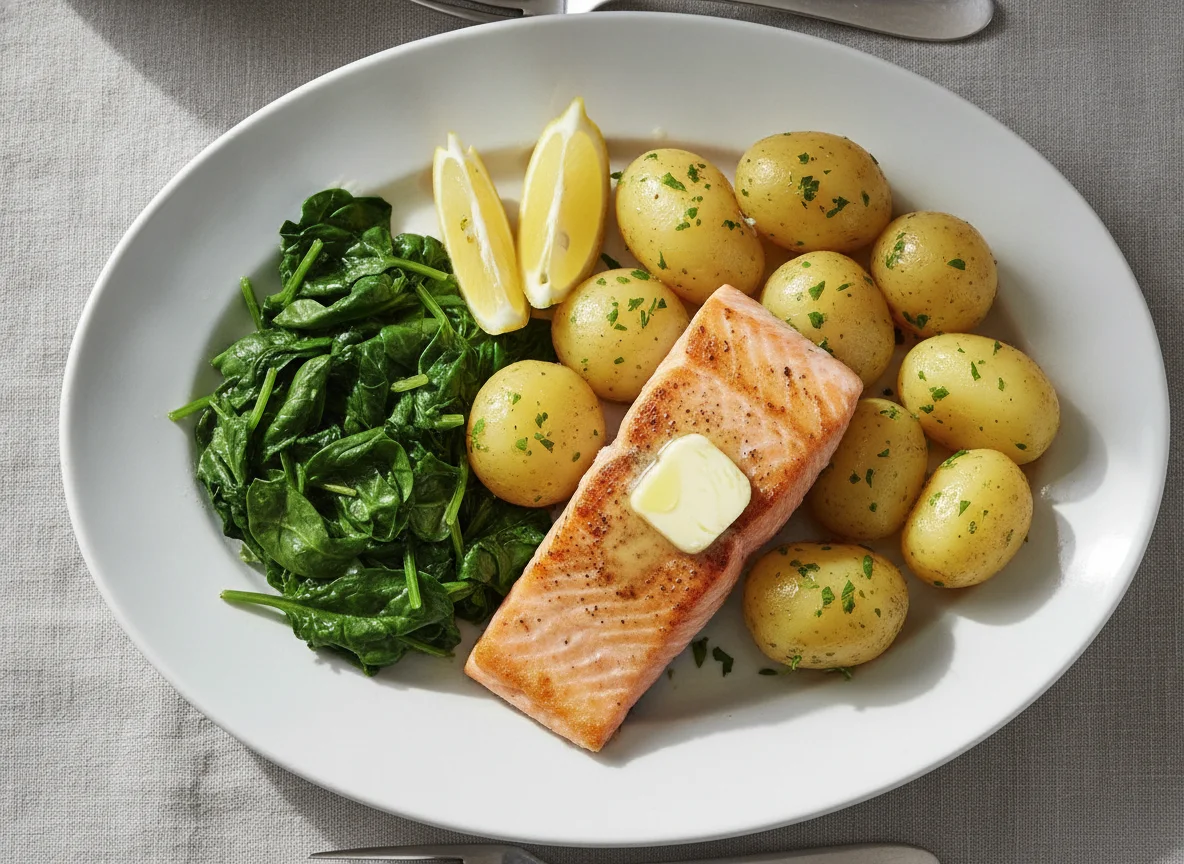 Lachsfilet mit Salzkartoffeln und Blattspinat photo