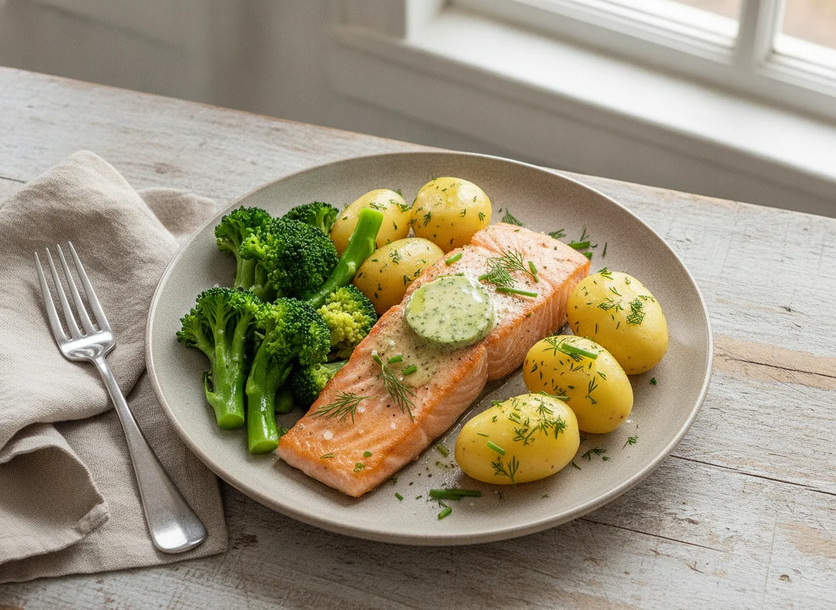 Lachsfilet mit Salzkartoffeln und Brokkoli photo