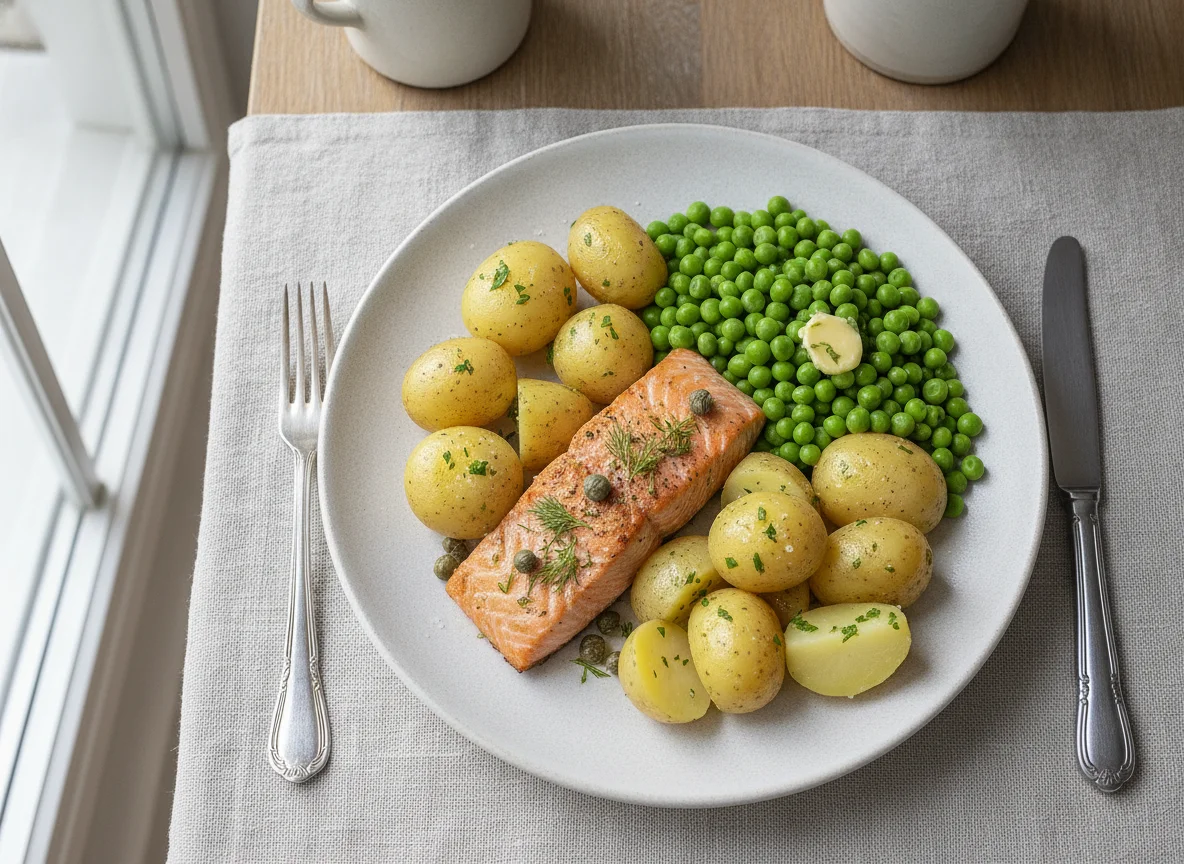 Lachsfilet mit Salzkartoffeln und Erbsen photo