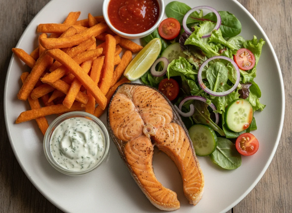 Lachsfilet mit Süßkartoffelpommes und Salat photo