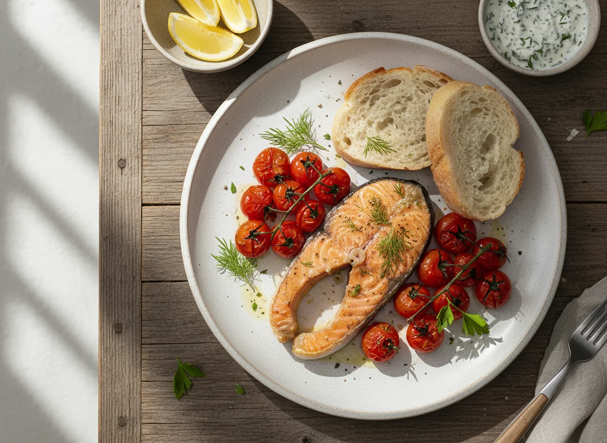 Lachsfilet mit Tomaten und Brot photo