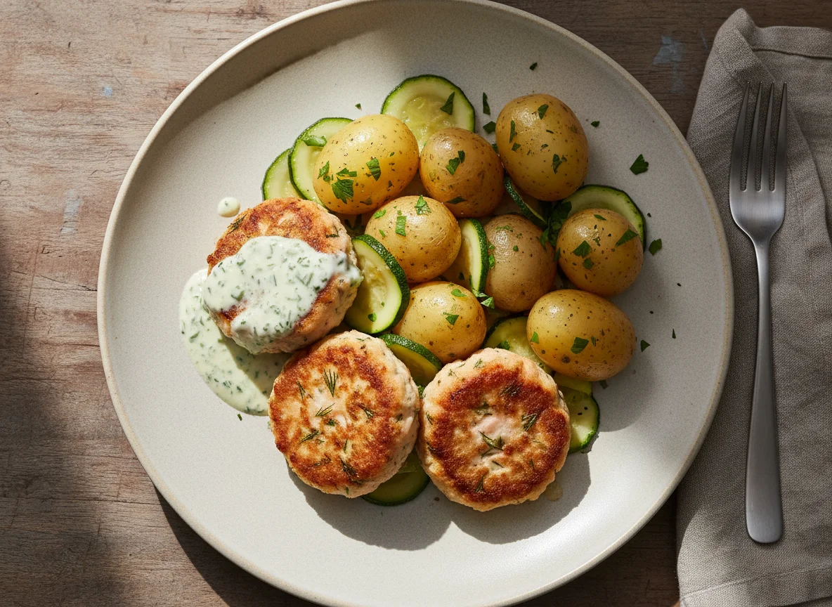 Lachsfrikadellen mit Salzkartoffeln und Zucchini photo