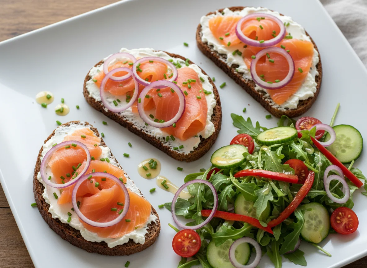 Lachs-Frischkäse-Brot mit Salat photo