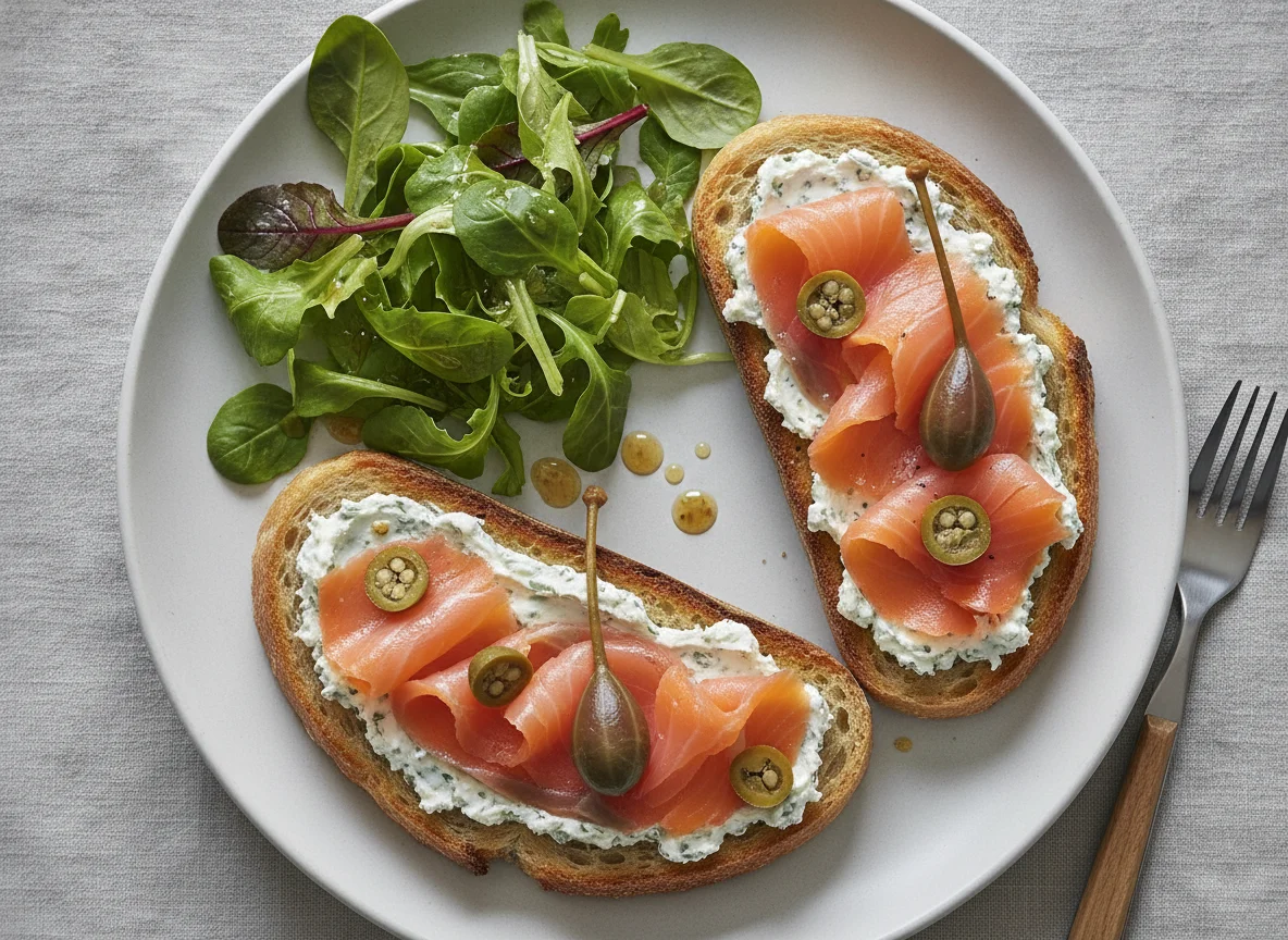 Lachs-Frischkäse-Toast mit Salat und Kapernäpfeln photo