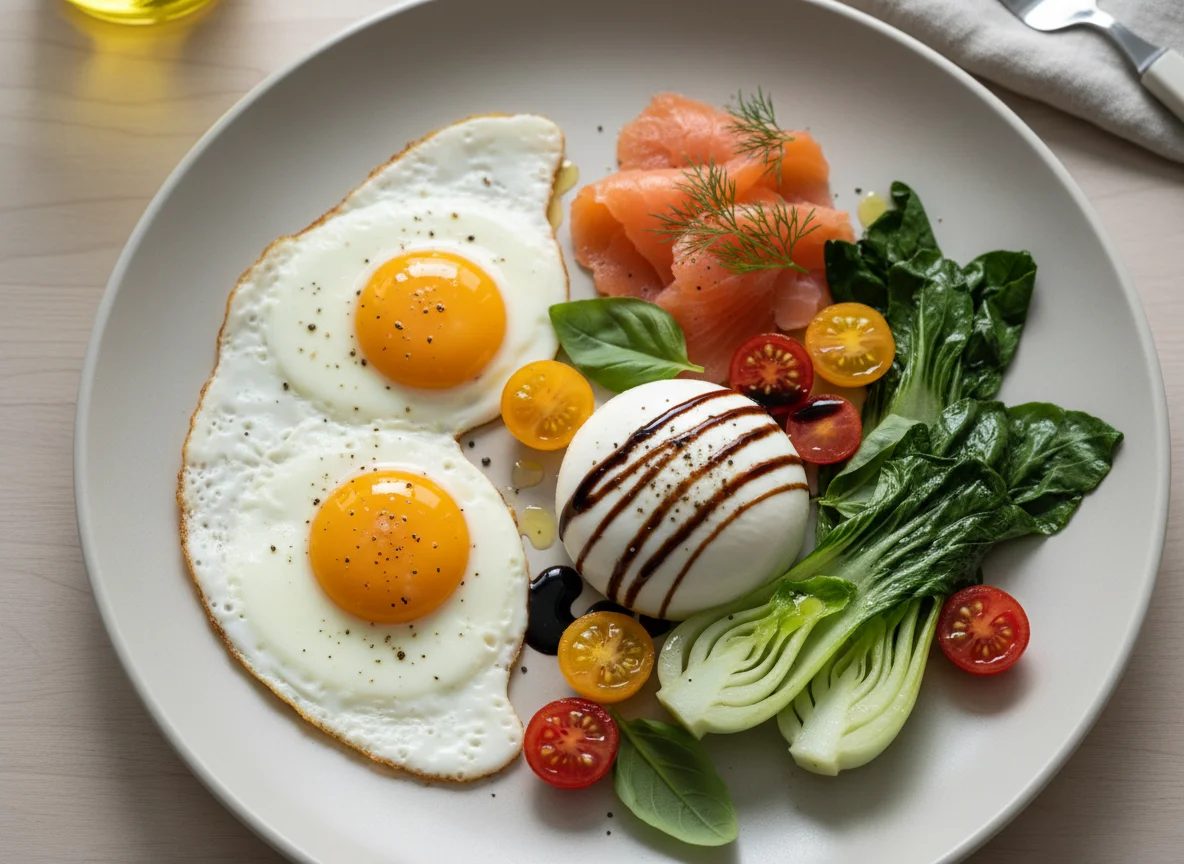 Lachs-Frühstücksplatte mit Spiegeleiern, Burrata und Pak Choi photo