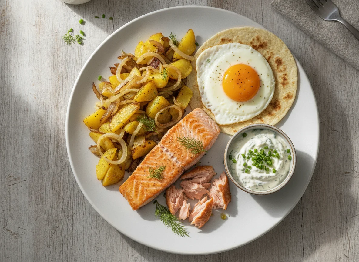 Lachs-Frühstücksteller mit Kartoffeln und Ei photo