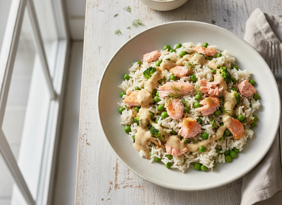 Lachs-Gemüse-Reis mit Sahnesauce photo